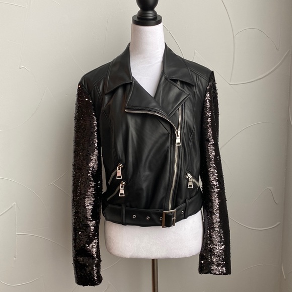 INC International Concepts Jackets & Blazers - INC International Concepts sequin sleeved faux leather black Moto jacket Size L
